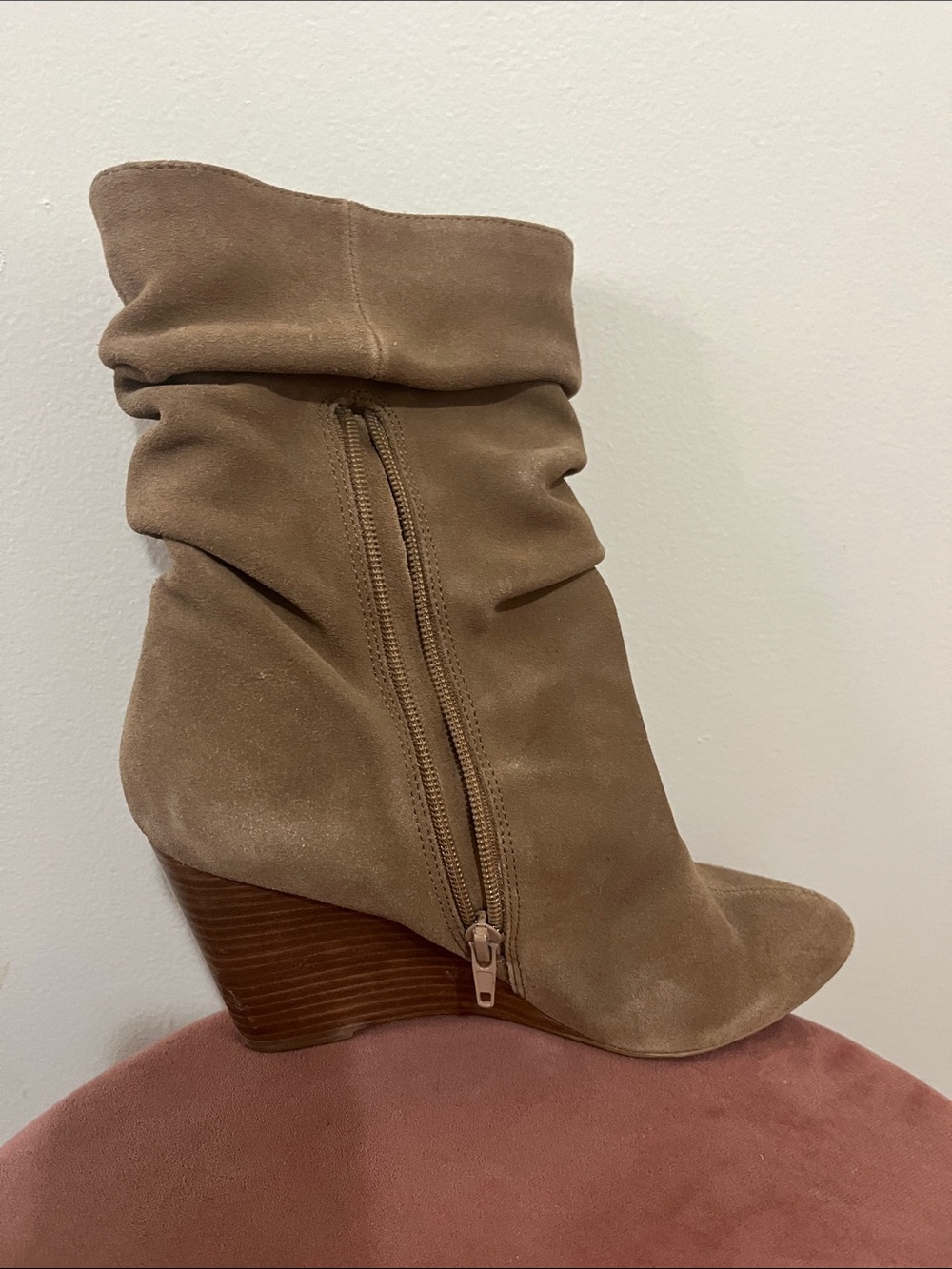 Charles by Charles David Taupe Suede Slouch Wedge Bootie